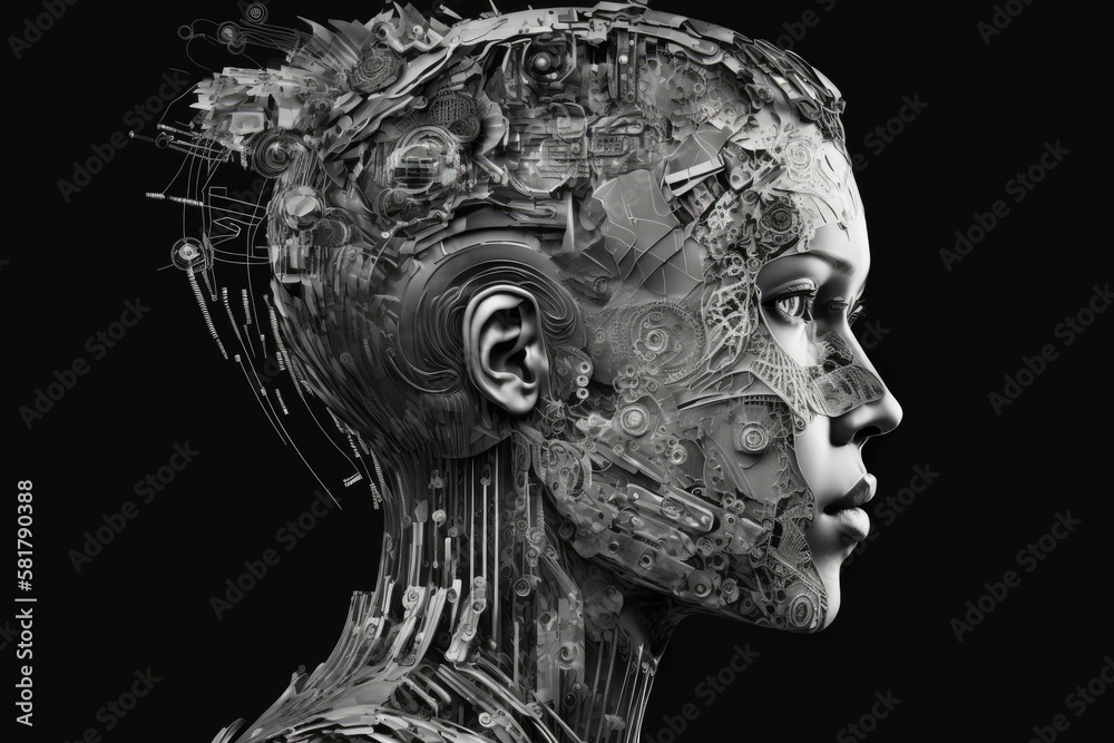 A person presenting a of a cyborg head construction artificial intelligence. Generative AI