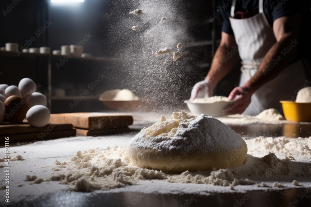 in a bakery, a ful of flour and an egg. Dough is being worked by mens s in the backdrop. idea, ingr