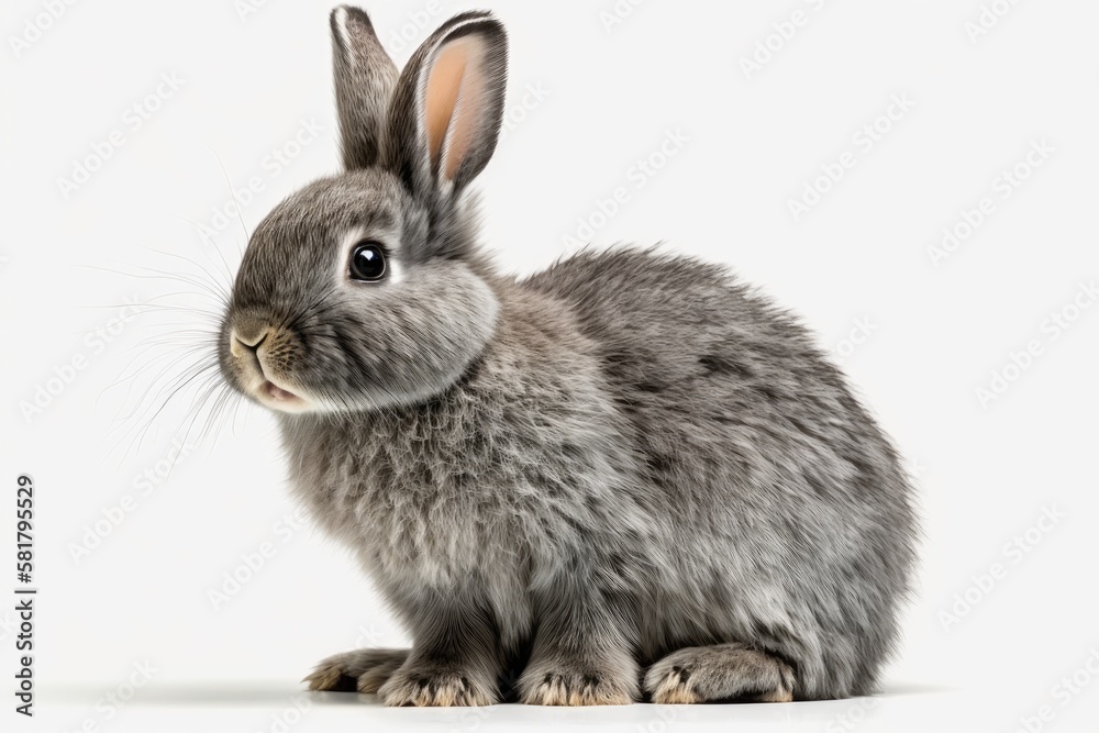 Cute little gray rabbit sitting alone on a white background. Lovely movement by the juvenile rabbit.