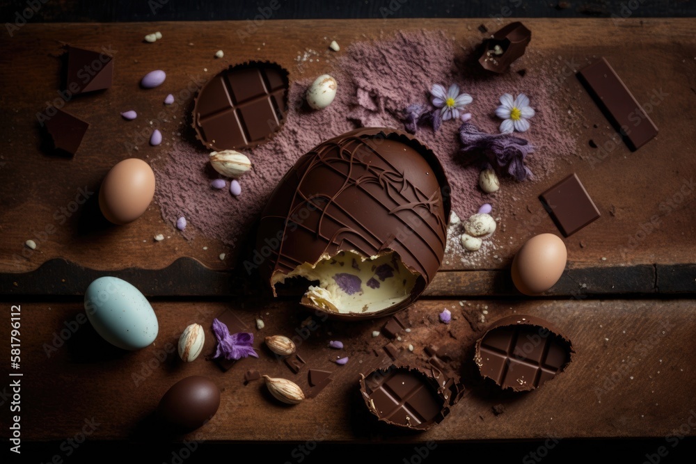 View from the top of a wooden table showing a wrapped easter egg, numerous mini stuffed chocolate eg