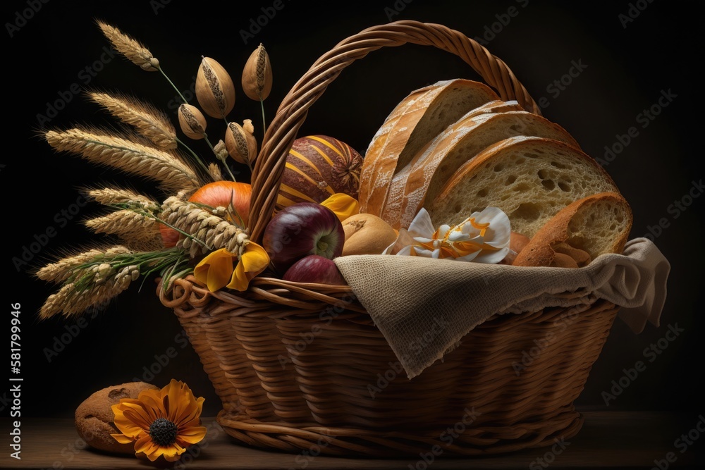 composition in a wicker basket with various bread goods. Generative AI