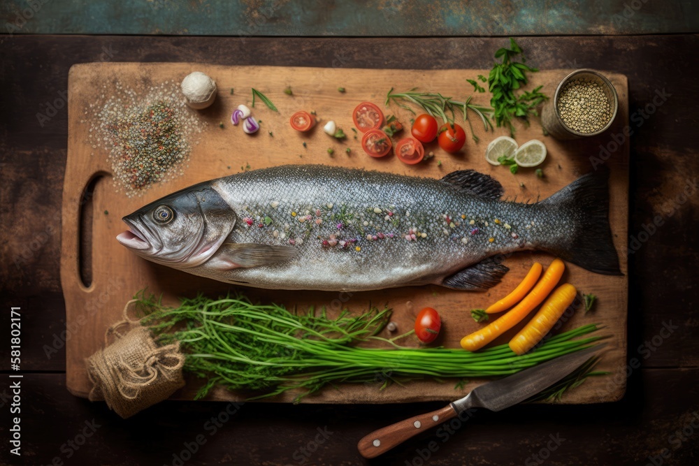 Raw uncooked seabass fish with vegetables, grains, herbs and spices on chopping board over rustic wo