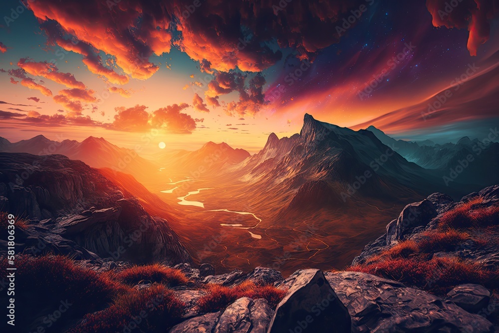 Incredible mountainous landscape with a vibrantly colored sunset against a cloudy sky. beauty indust