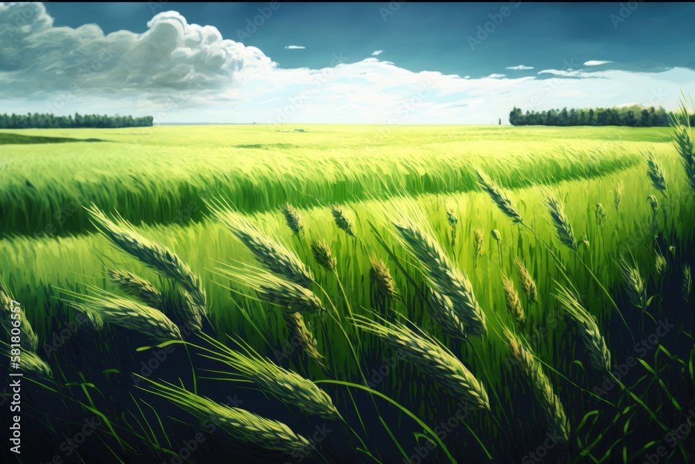 A fresh, green wheat field in the springtime. Generative AI