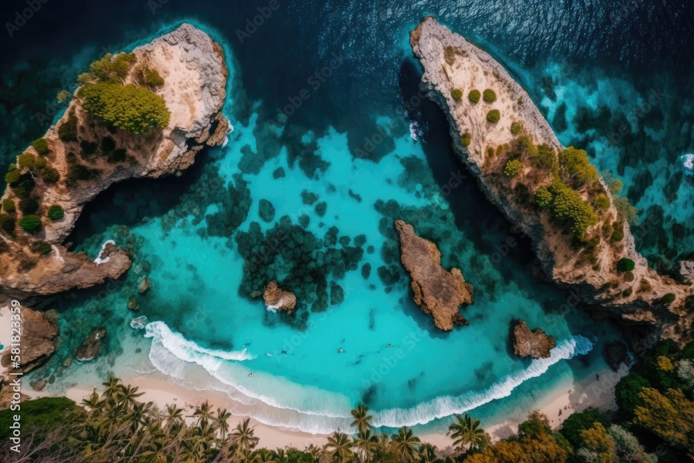 From above, the coast serves as the background. a background of turquoise water seen from above. aer