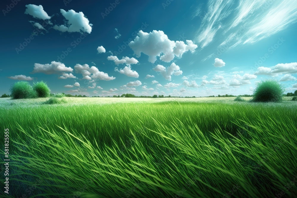 field of spring grass and perfect sky. Generative AI