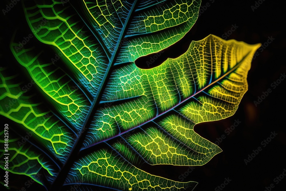 Up close Beautiful neon lit abstract leaf. Concept of modern minimalism. Design background pattern m