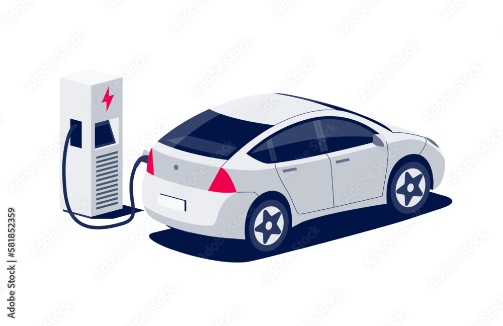 Modern electric crossover car charging at fast charger ev station with a plug in cable. Electrified 