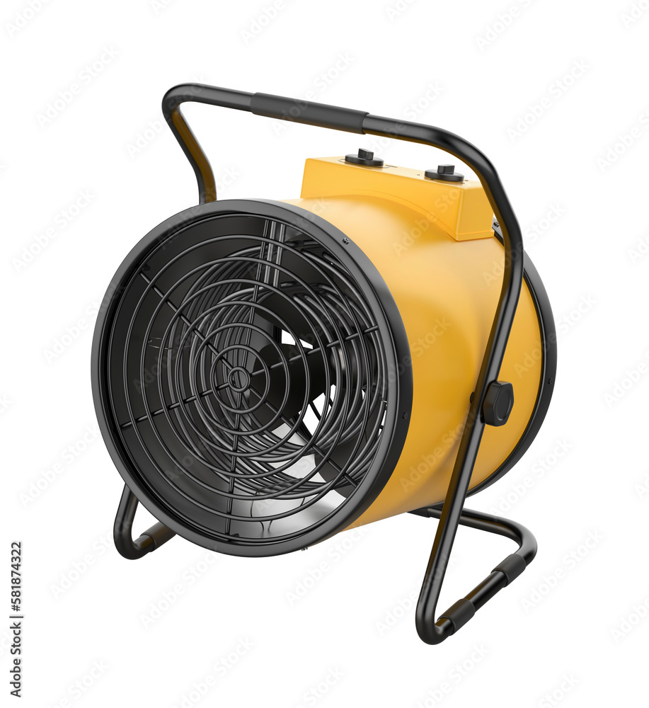 Yellow cylinder shaped electric fan heater on transparent background