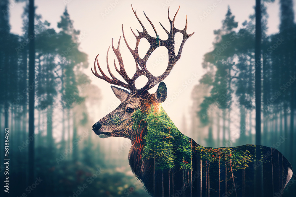 deer and green forest double exposure. Generative AI