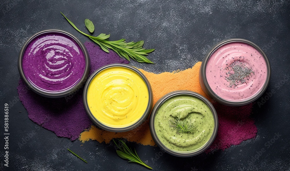  a group of four different colors of dips on a purple and yellow cloth with a green sprig on top of 