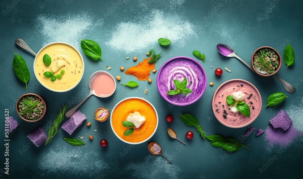  a table topped with bowls filled with different types of soups and sauces on top of a blue tableclo