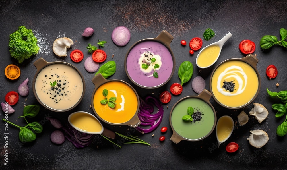  a table topped with bowls filled with different types of soups and veggies on top of a black table 