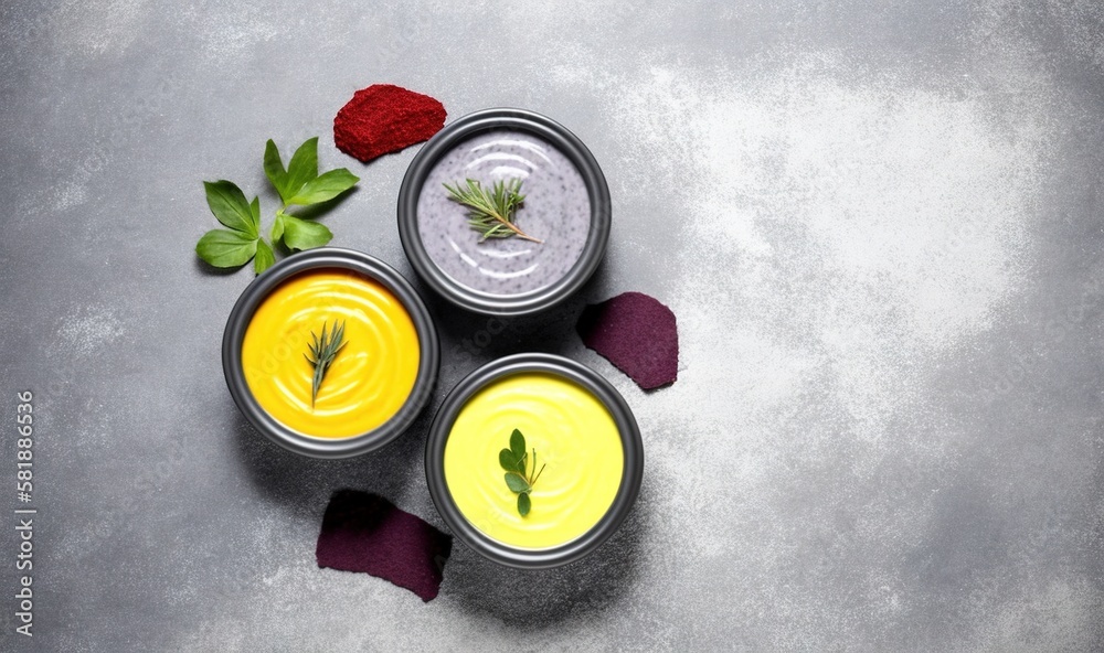  three small bowls of different colored food on a gray surface with a red rose on top of the bowl an