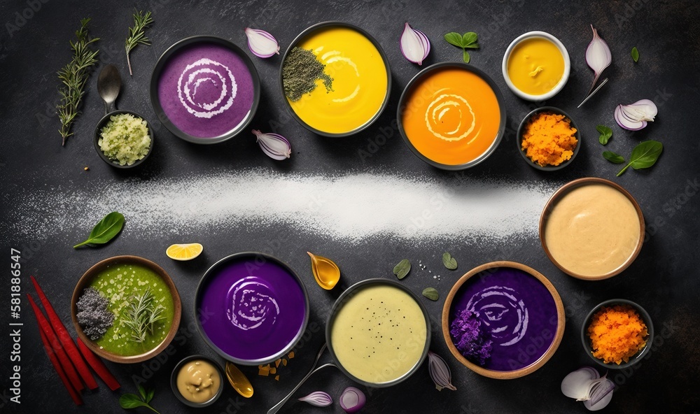  a table topped with bowls of different types of soups and sauces on top of a black tablecloth cover