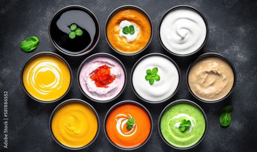  a group of different colored sauces in metal bowls on a black surface with a shamrock leaf on the t