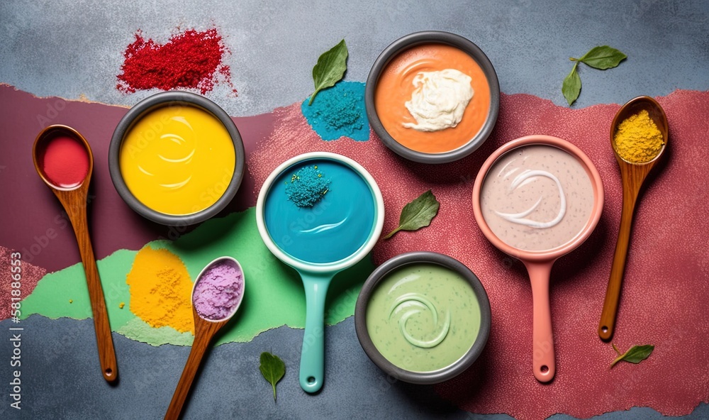  a group of four bowls of different colored powders and spoons on a pink and green background with l