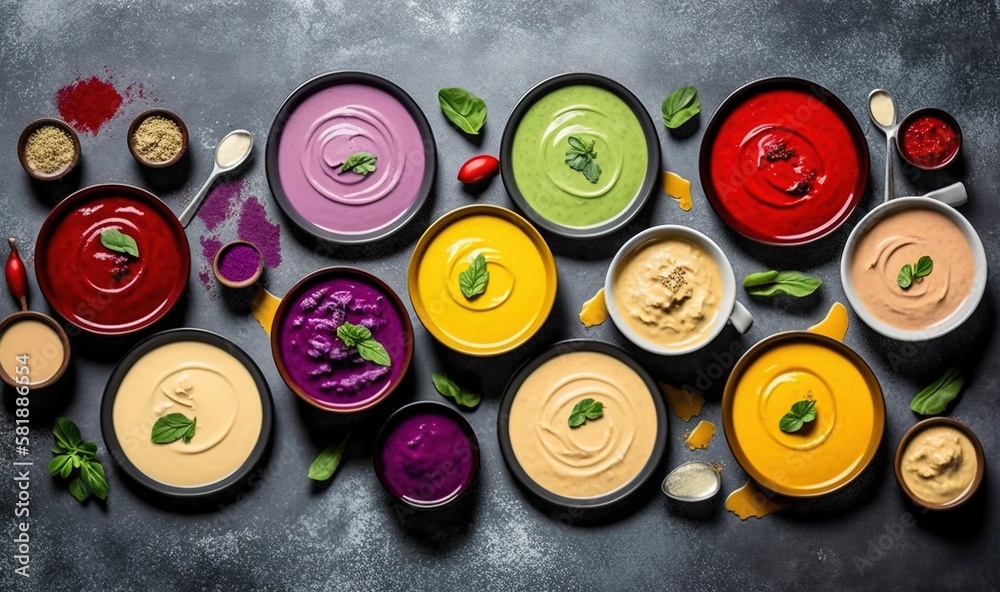  a group of bowls filled with different types of sauces and sauces on top of each other on a gray su