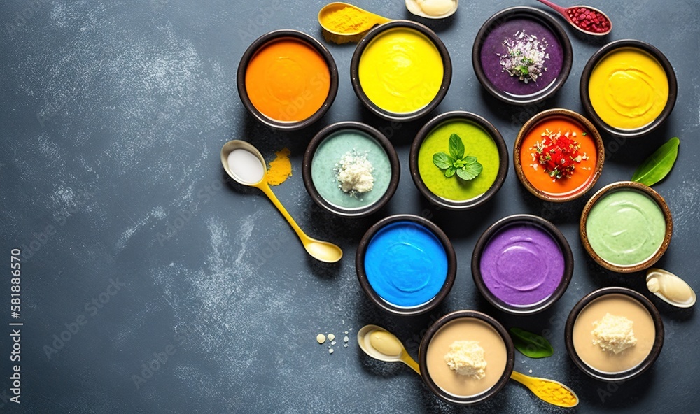  a group of bowls filled with different colored sauces and spoons next to each other on a black surf