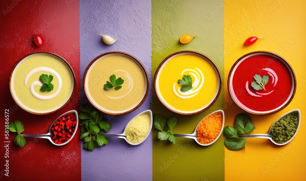  a group of bowls of different types of soup on a colorful background with herbs and seasonings in e