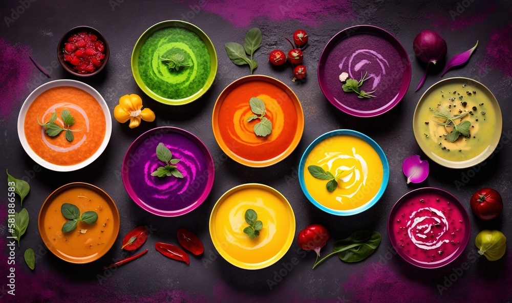  a table topped with bowls of different types of soup and vegetables on top of a purple table cloth 