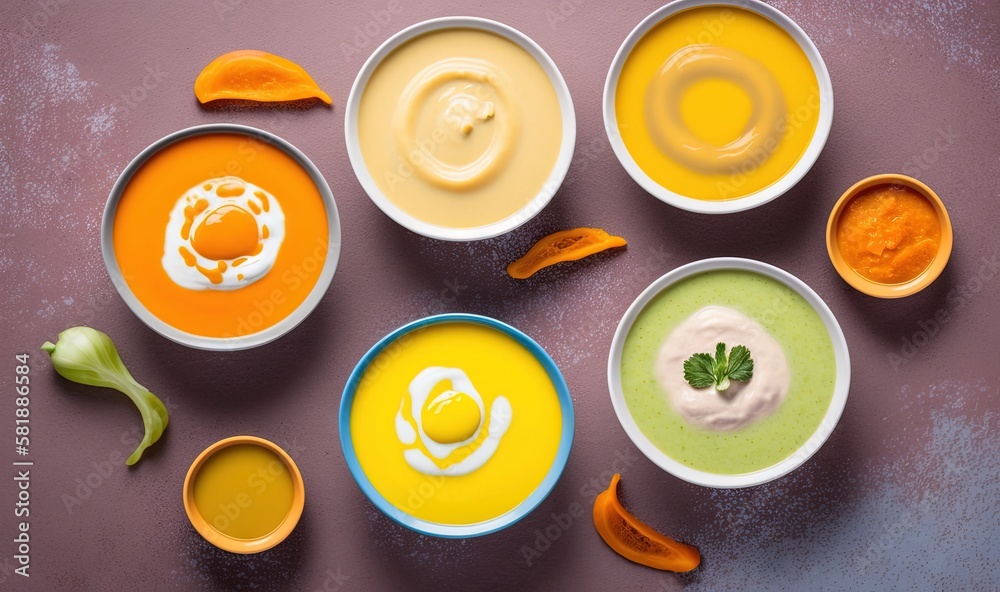  a group of bowls of different types of food on a purple table top with spoons and saucers on the si