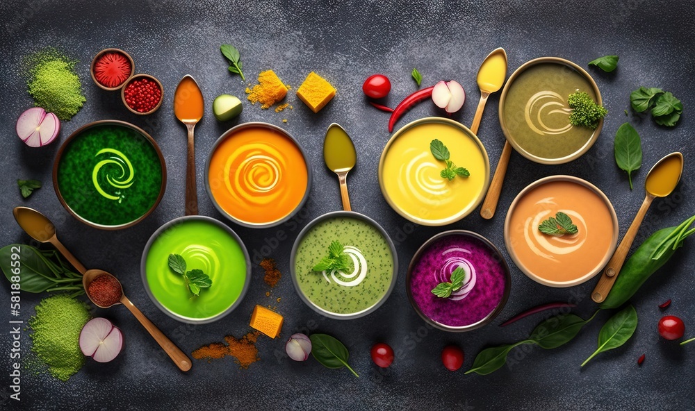  a table topped with bowls filled with different types of soups and sauces next to spoons and spoons