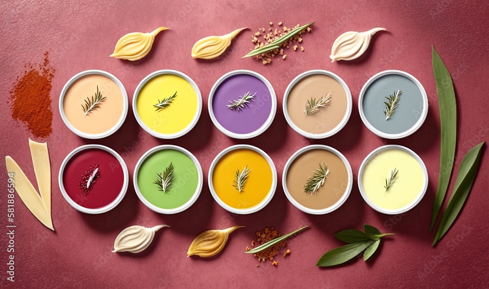  a collection of different colored paint in small bowls with spoons on a pink surface with green lea