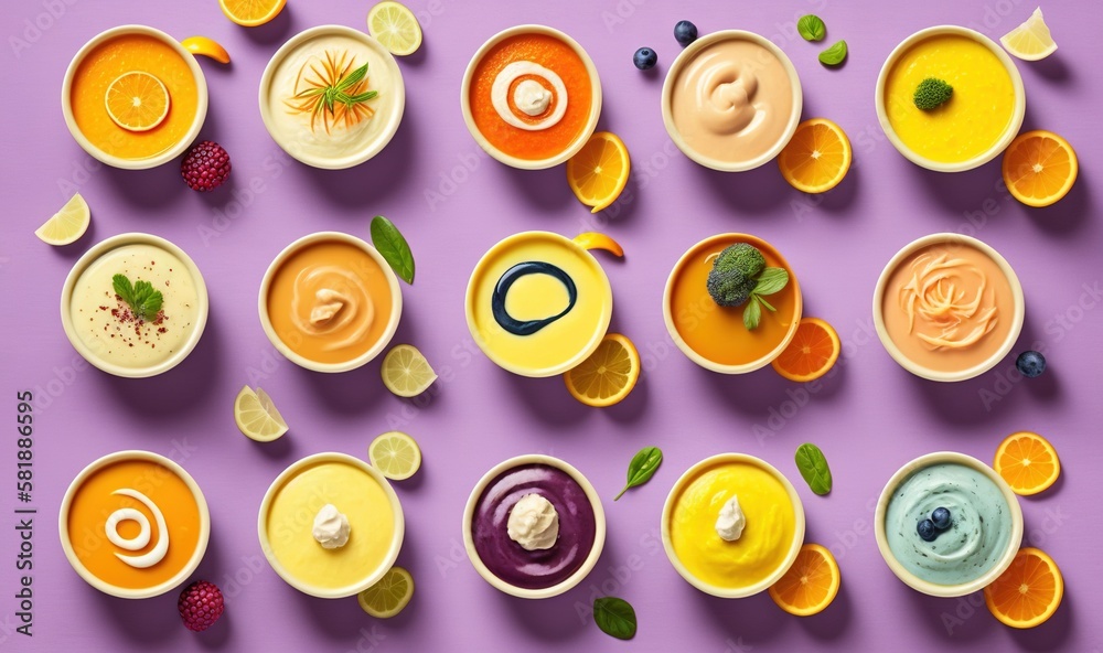  a collection of different types of desserts on a purple surface with fruit on the side of the bowls