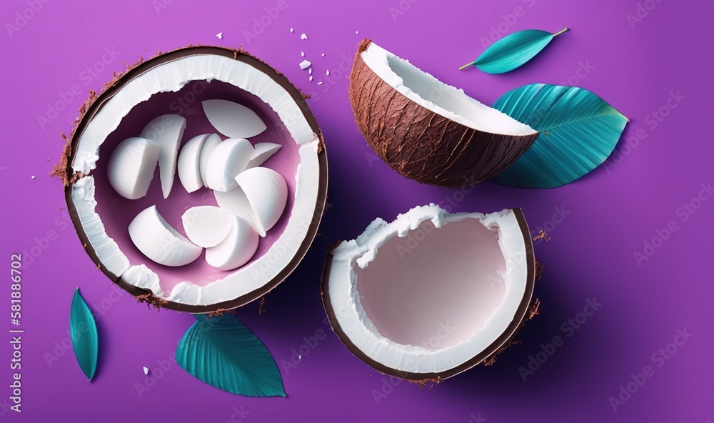  a cut in half coconut next to a cut in half coconut on a purple background with leaves and a cut in