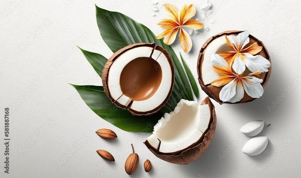  two halves of coconuts with flowers and leaves on a white background with a few almonds on the side