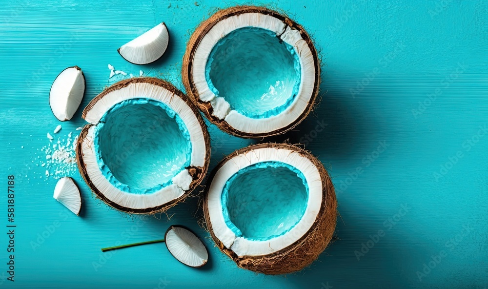  three coconuts with one cut in half and one whole on a blue surface with a green stem and a white f