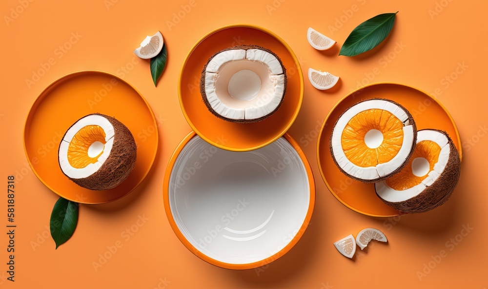  a group of orange plates and bowls on a orange surface with leaves and slices of oranges on the pla