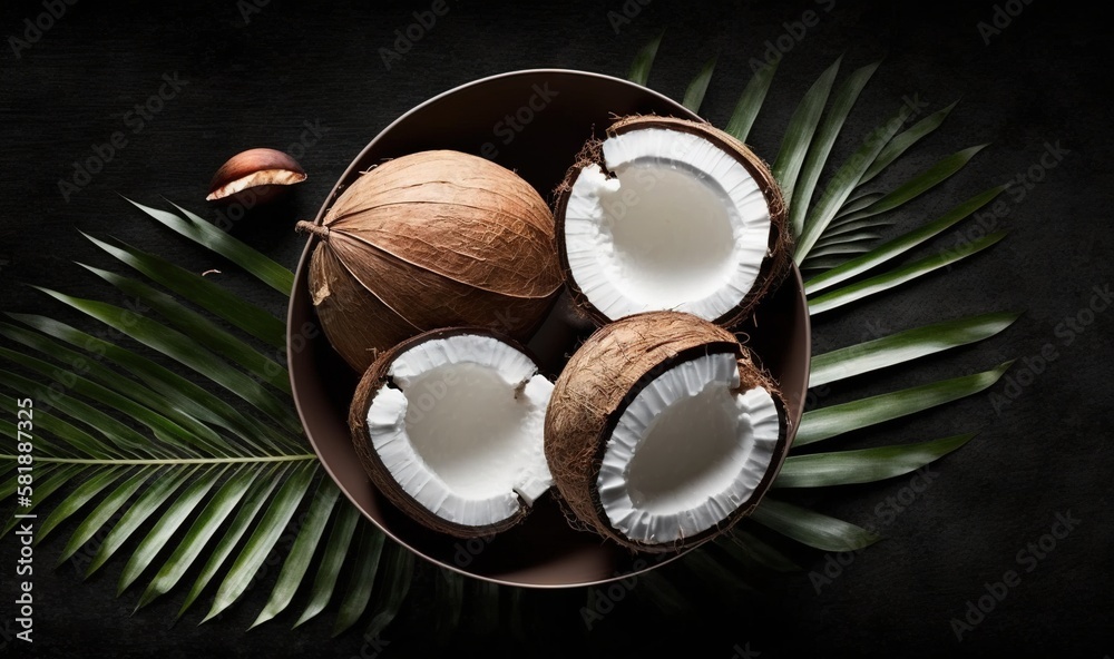  a plate of coconuts and a leaf on a black background with space for a text or a picture or a logo o