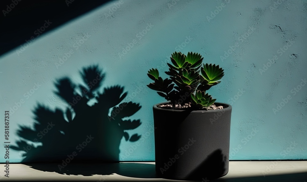  a potted plant casts a shadow on the wall of a room with a blue wall in the background and a shadow