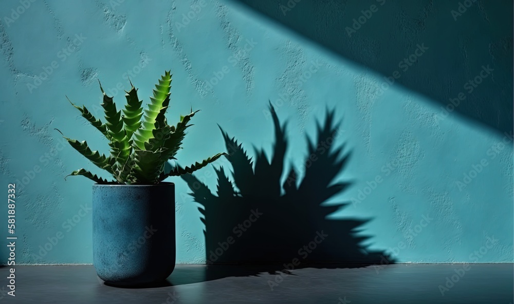  a potted plant casts a shadow on the wall of a blue room with a blue wall in the background and a b