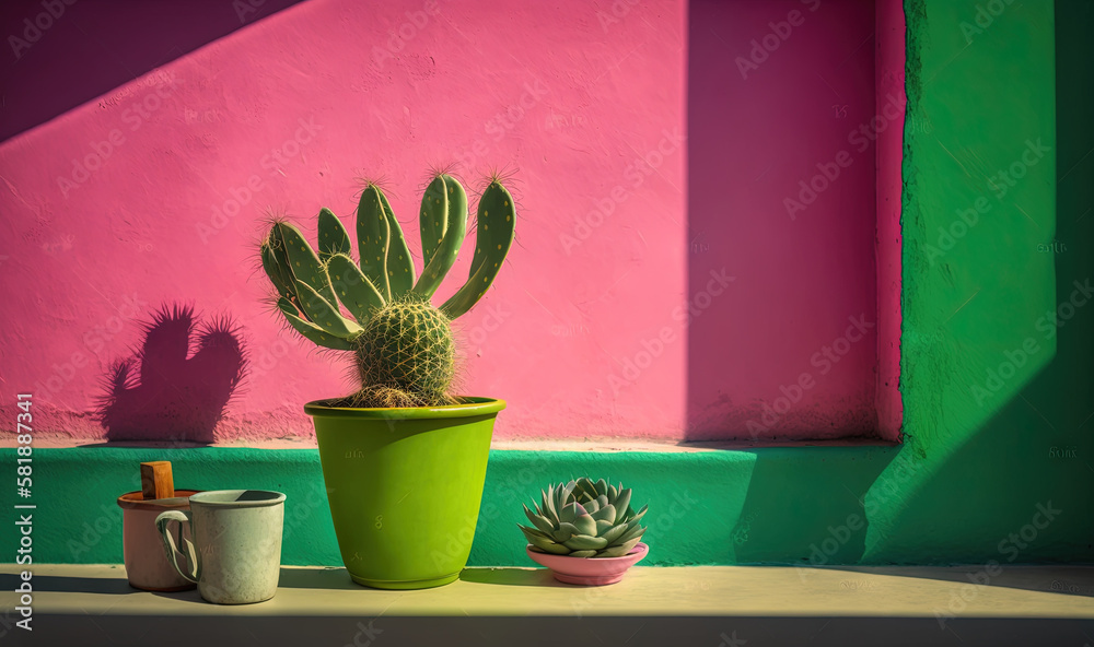  a cactus and a cup on a table in front of a pink wall with a green plant in the middle of the table