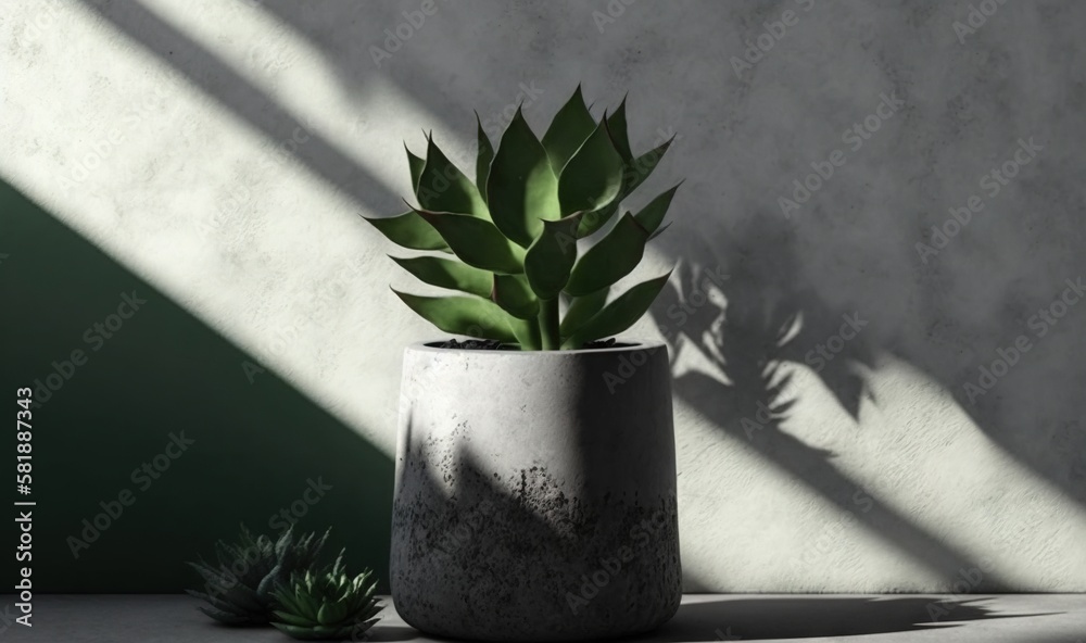  a potted plant sitting on a table next to a wall with a shadow of a plant on it and a potted plant 