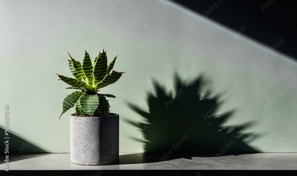  a small cactus in a cement pot with a shadow of a building behind it on a table in a room with a li