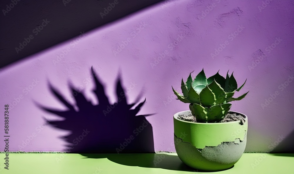  a potted plant with a shadow of a plant on the wall behind it and a purple wall in the background w