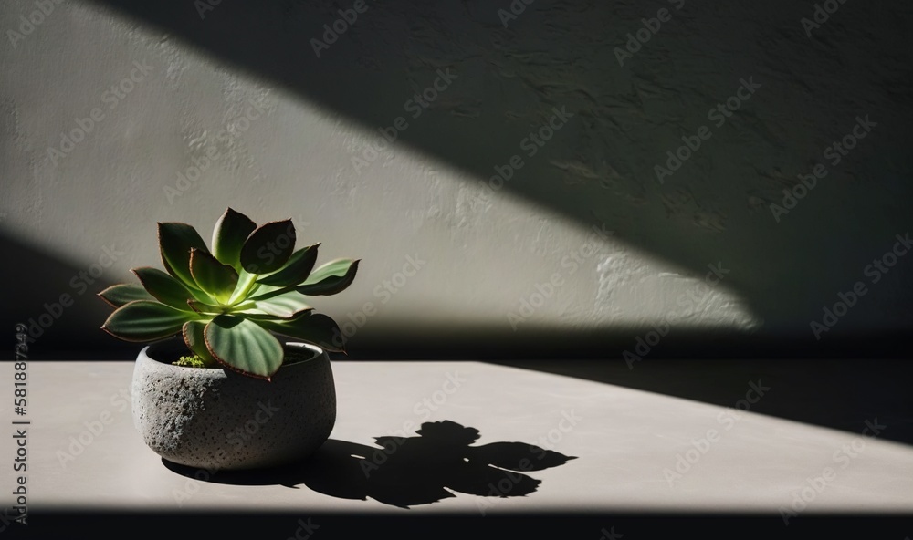  a small potted plant sitting on top of a white table next to a shadow of a building on the wall beh