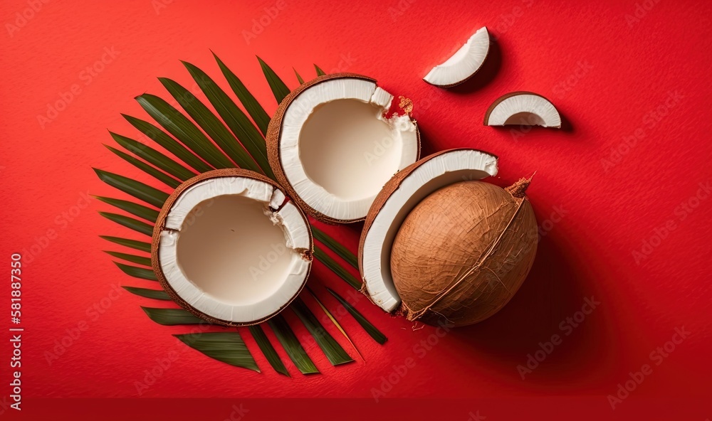  a whole coconut and half a coconut on a red background with a palm leaf and a half cut in half on a