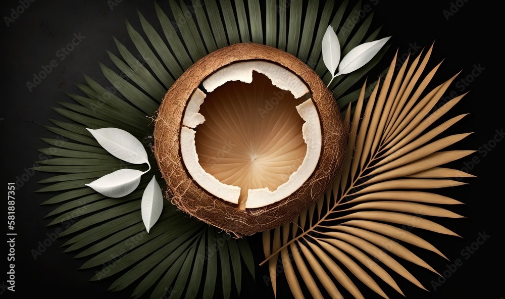  a close up of a coconut on a leafy surface with a white flower in the center of the image and a gre