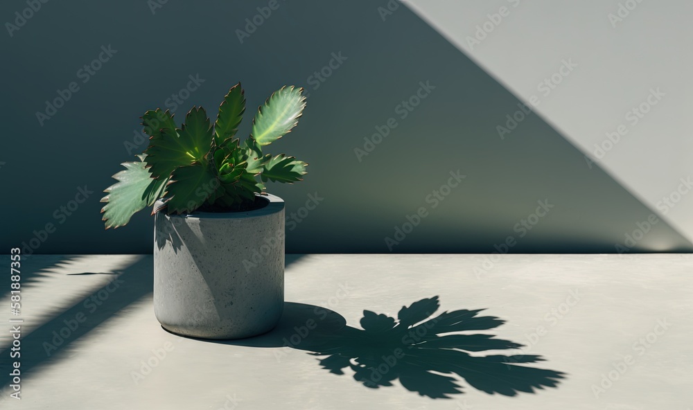  a plant in a pot on a table with a shadow of a wall in the back ground and a wall in the back groun