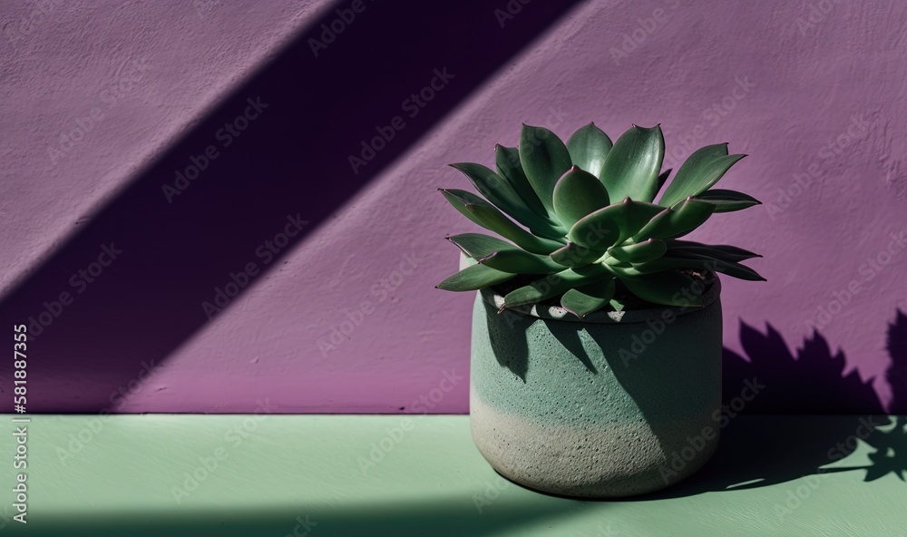  a plant in a pot on a table in front of a purple and green wall with a shadow of a plant on the flo