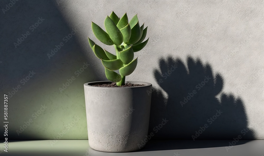  a small green plant in a white pot next to a wall with a shadow of a persons shadow on its wall. 