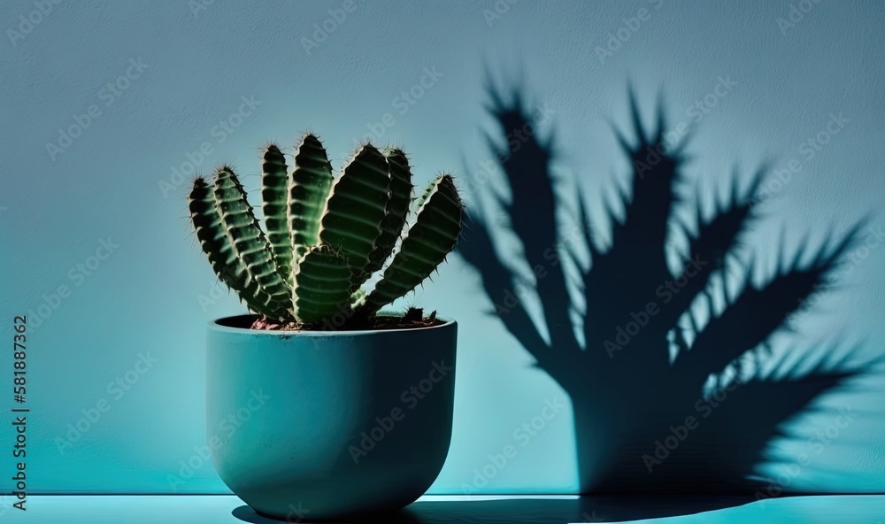  a small cactus in a white pot with a shadow of a tree on the wall behind it on a blue surface with 