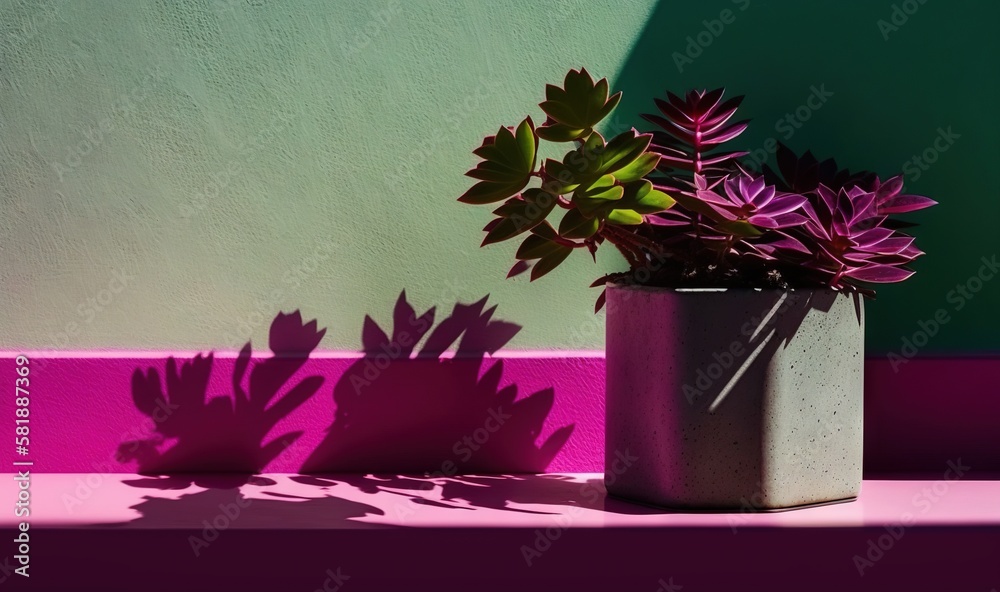  a potted plant sitting on top of a table next to a wall with a shadow of a plant on its side and a