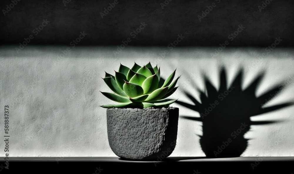  a small green plant sitting in a pot on top of a table next to a shadow of a building on the wall b