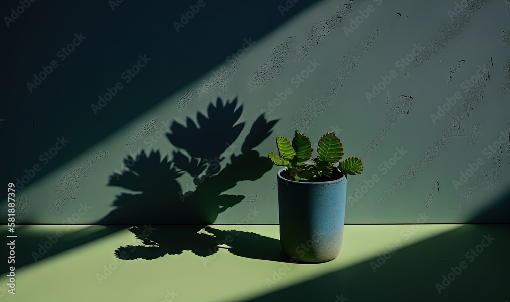  a plant casts a shadow on the wall of a potted plant on a green surface with a shadow cast on the w